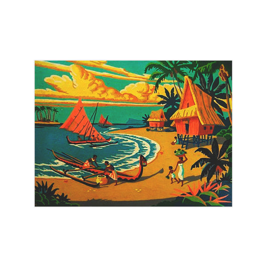 Vintage Retro Hawaiian Tropical Village Unframed Print