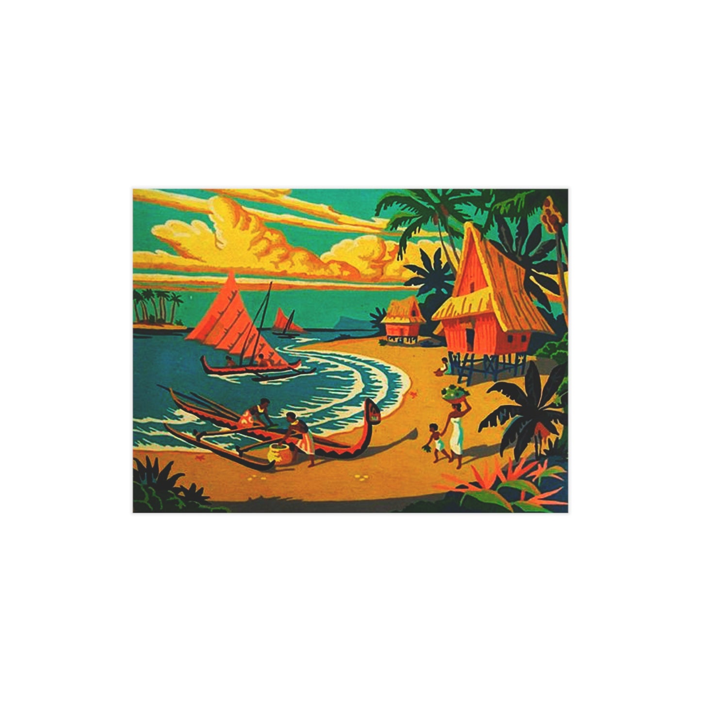 Vintage Retro Hawaiian Tropical Village Unframed Print