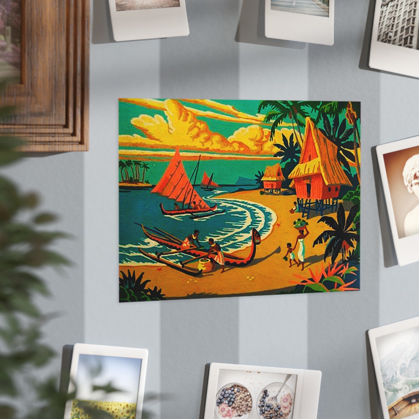 Vintage Retro Hawaiian Tropical Village Unframed Print