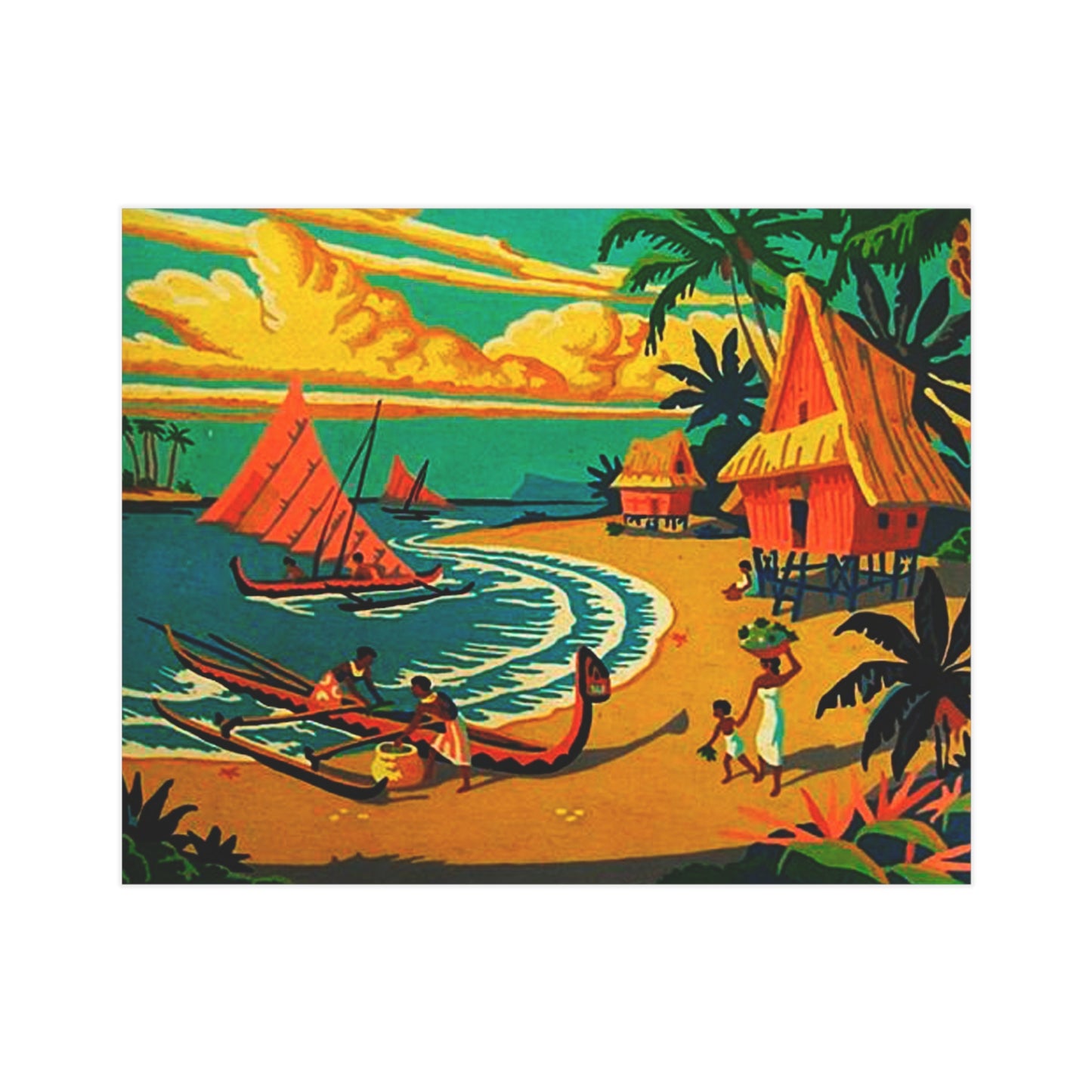 Vintage Retro Hawaiian Tropical Village Unframed Print