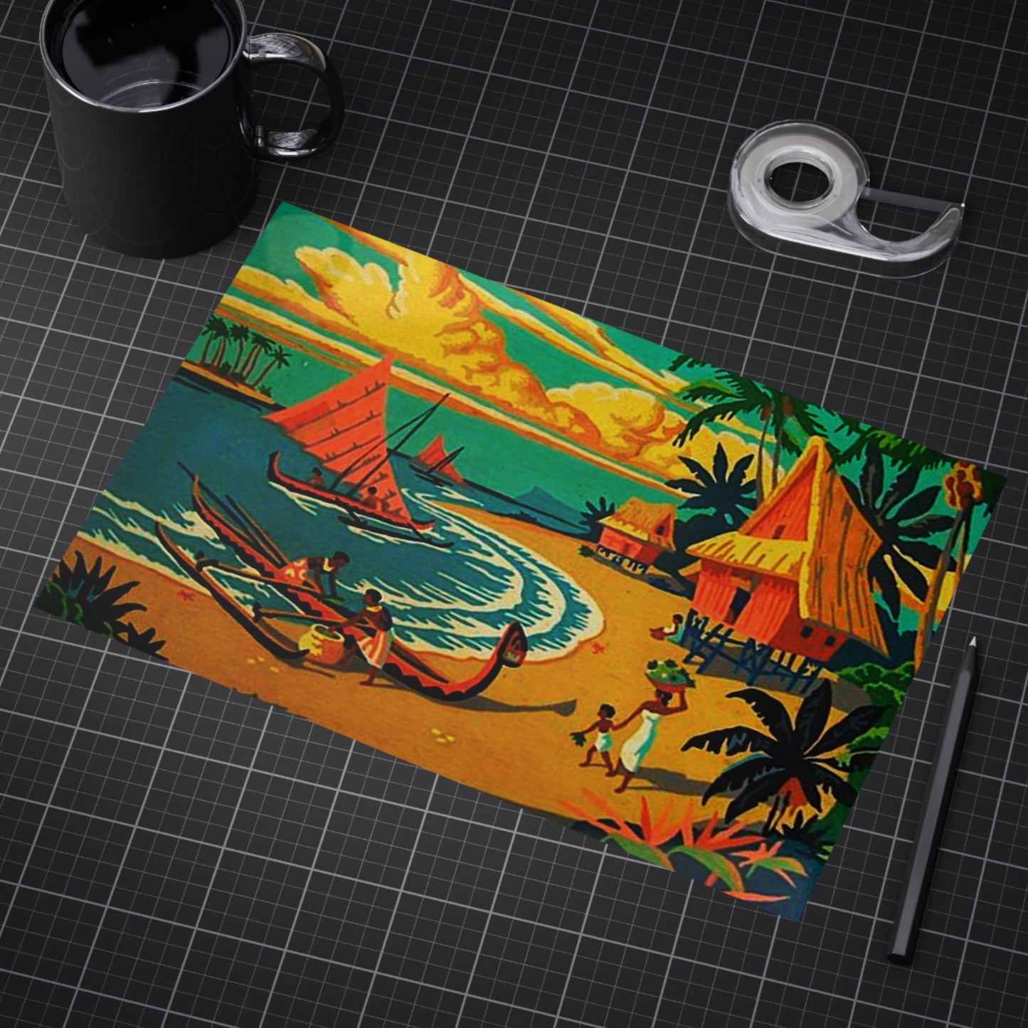 Vintage Retro Hawaiian Tropical Village Unframed Print