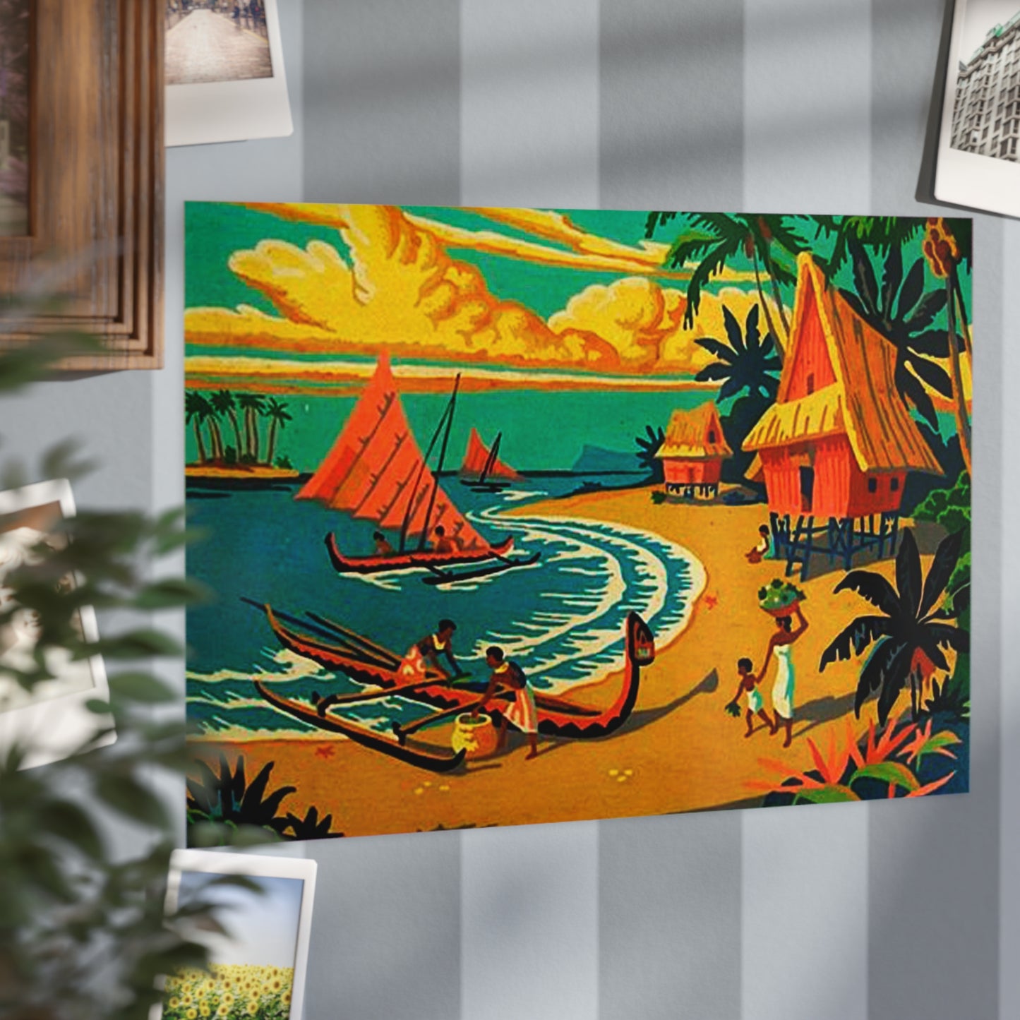 Vintage Retro Hawaiian Tropical Village Unframed Print