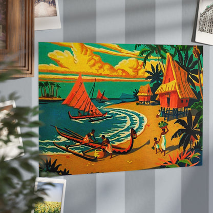 Vintage Retro Hawaiian Tropical Village Unframed Print