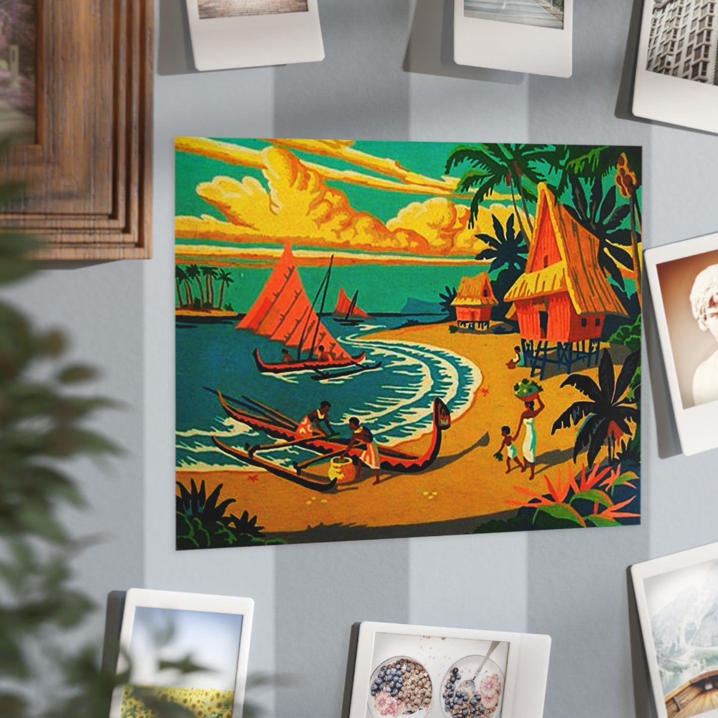 Vintage Retro Hawaiian Tropical Village Unframed Print