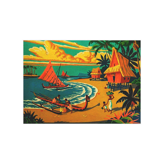 Vintage Retro Hawaiian Tropical Village Unframed Print