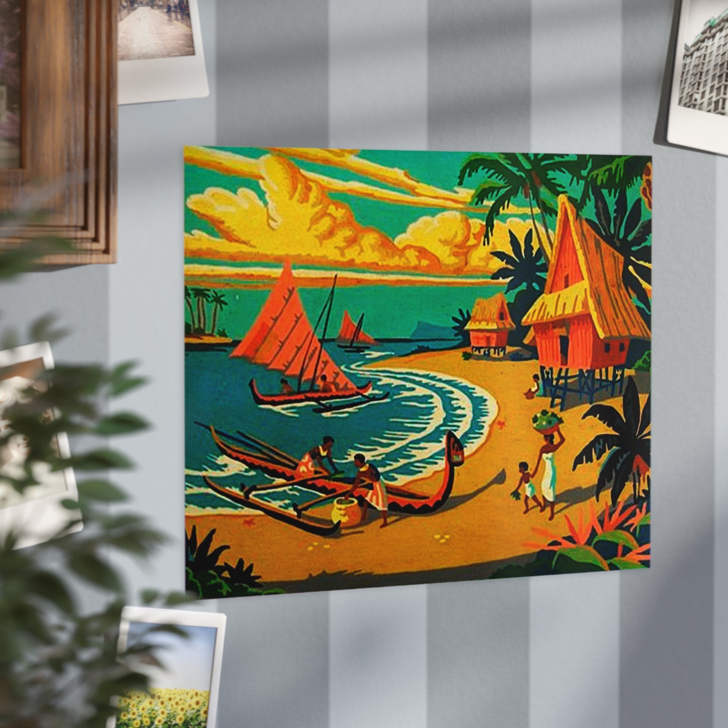 Vintage Retro Hawaiian Tropical Village Unframed Print
