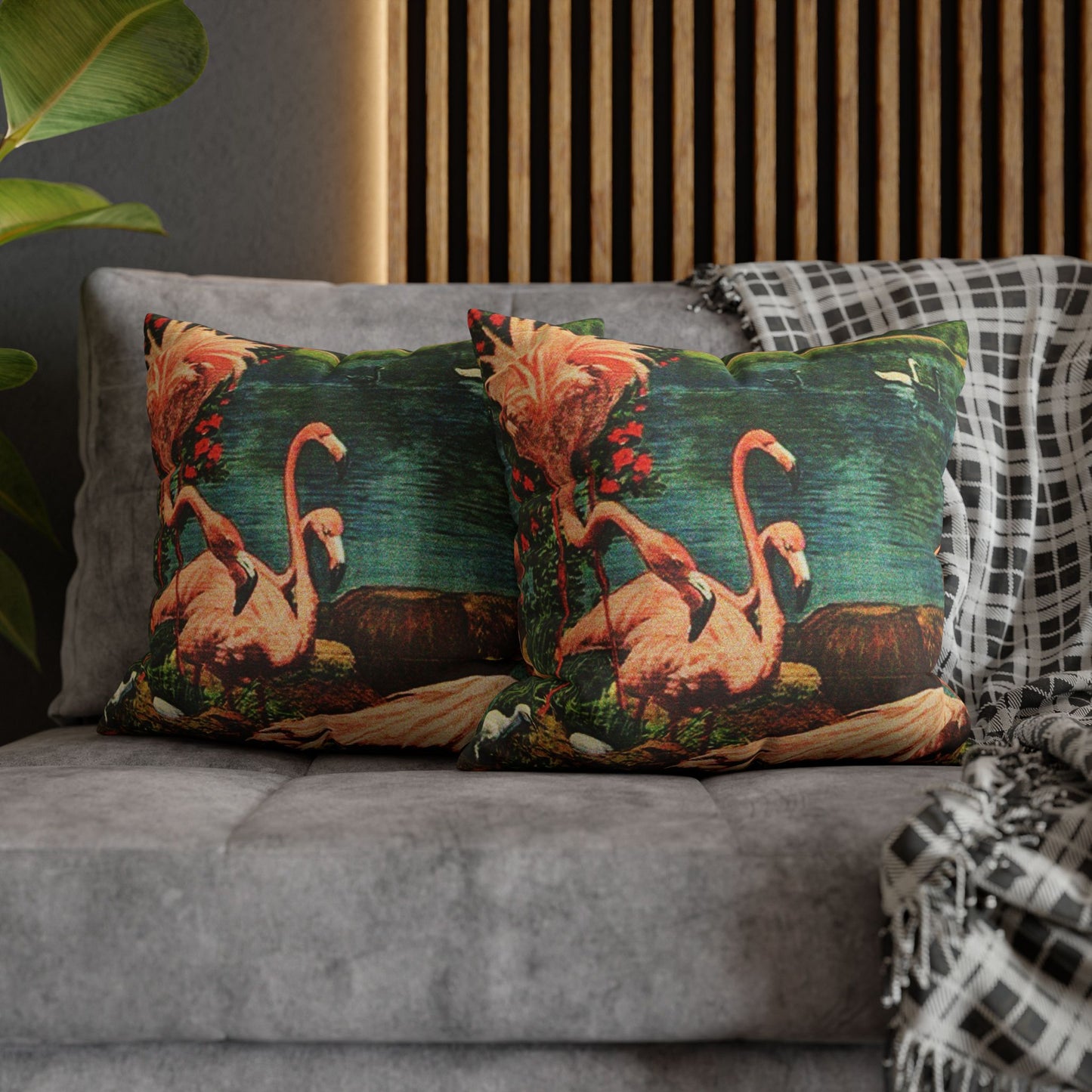 Vintage Flamingo With Baby Cushion Cover