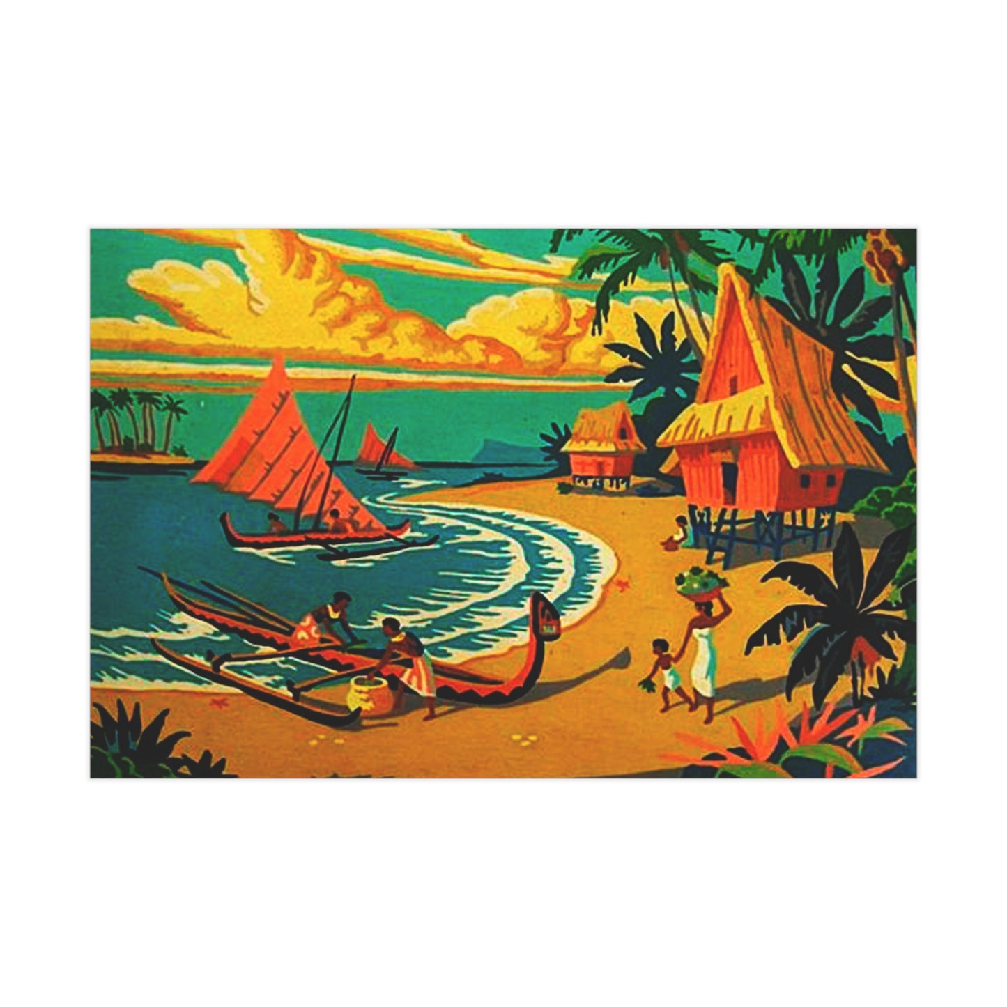 Vintage Retro Hawaiian Tropical Village Unframed Print