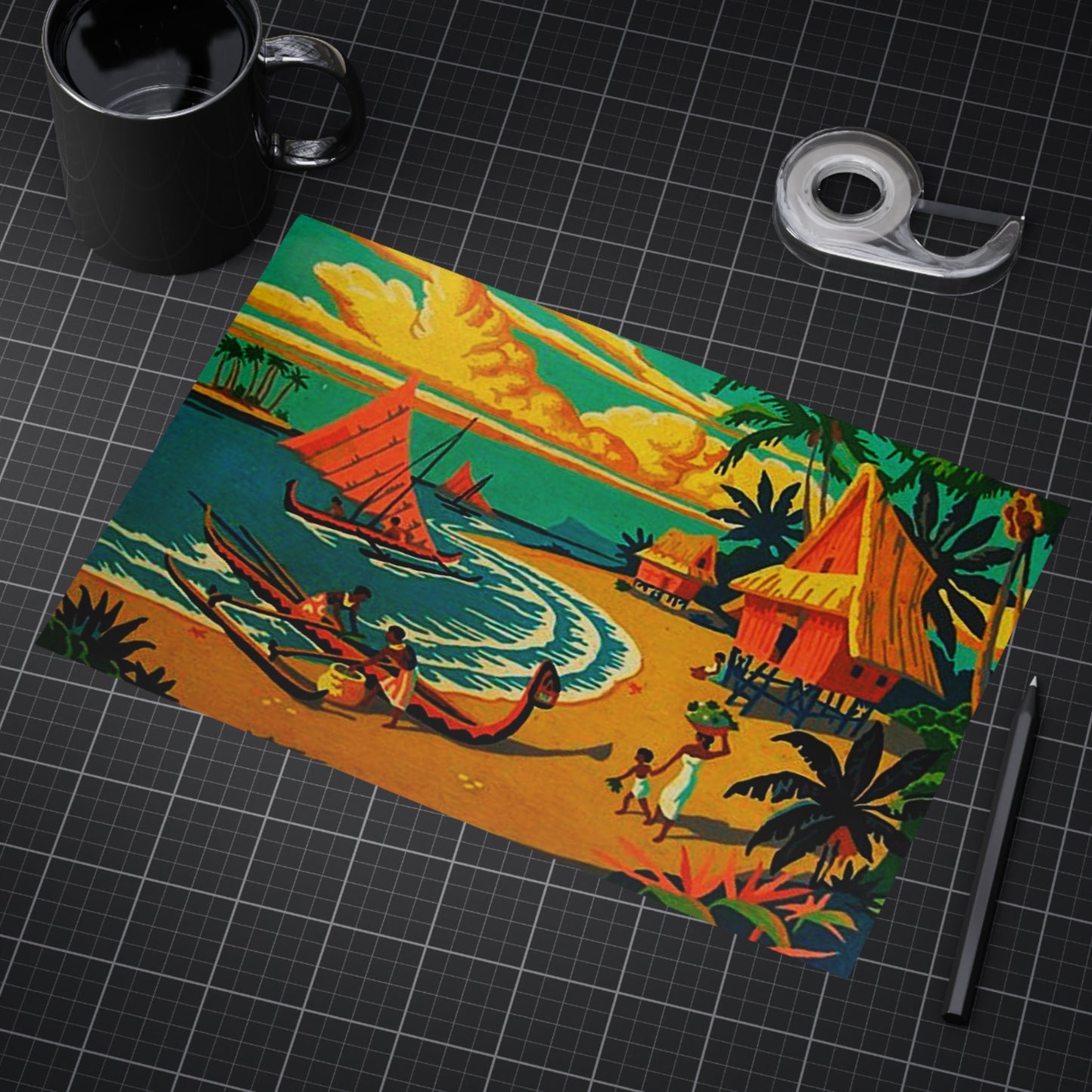 Vintage Retro Hawaiian Tropical Village Unframed Print